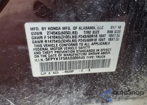2010 Honda Ridgeline Rtl z USA, uszkodzony, nr VIN 5FPYK1F58AB006645